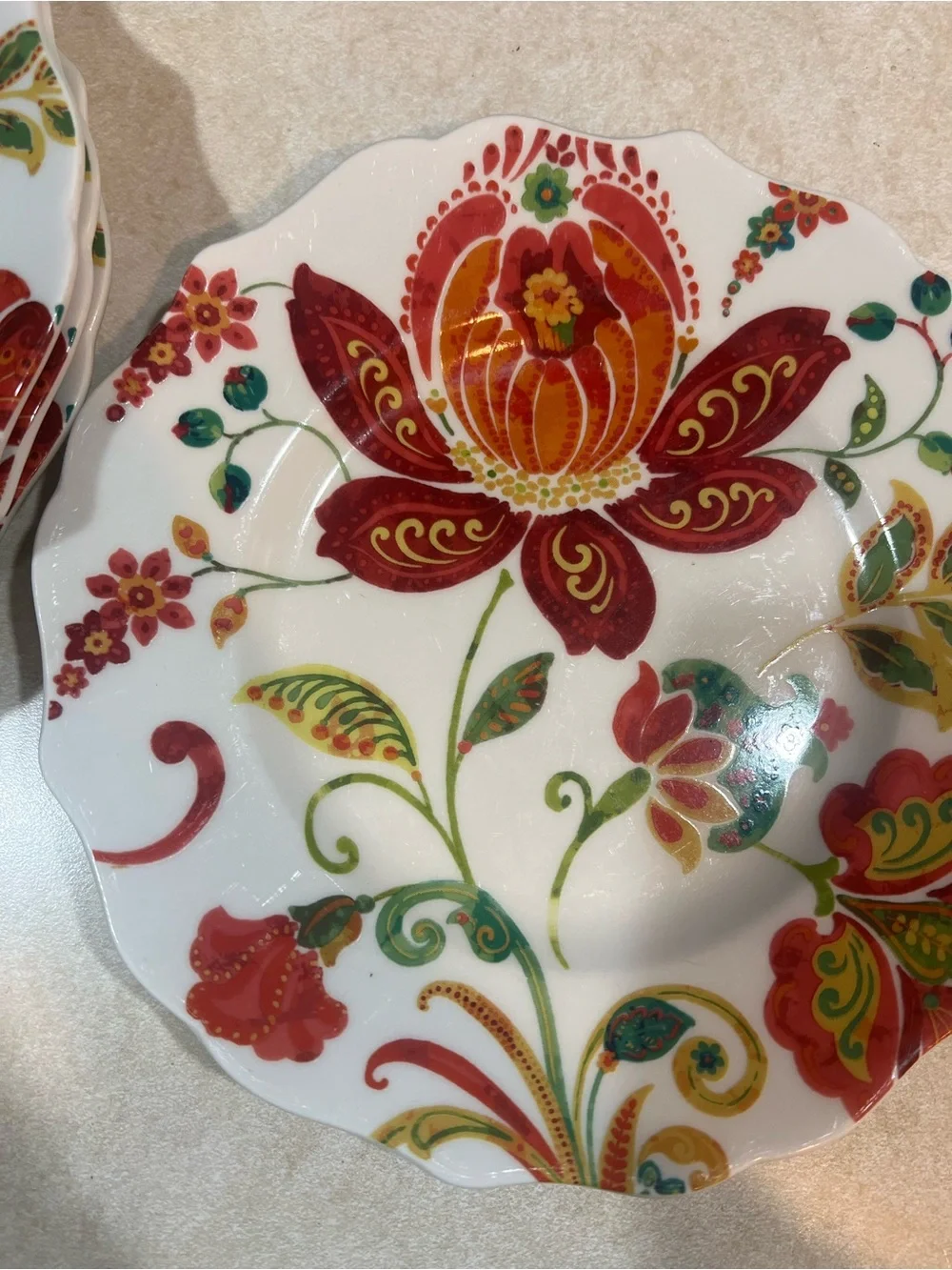 Pier 1 Beatrice Jacobean Red and Orange Floral Scalloped Salad Plates - Set of 4